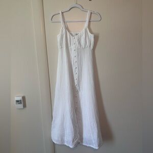 White button midi dress. Sim & Sam white double gauze front button midi dress.